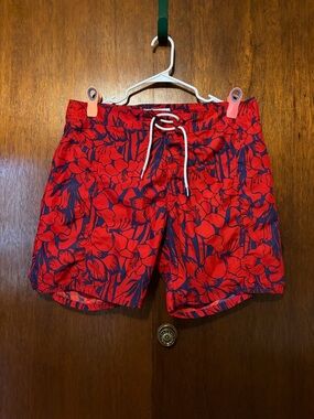 Trunks Red Floral Swim Board Shorts with Navy Accent